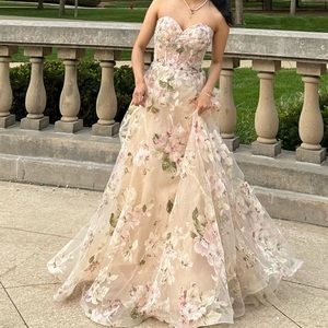 Floral Champagne Flowy Prom Dress by Andrea and Leo A1134.
